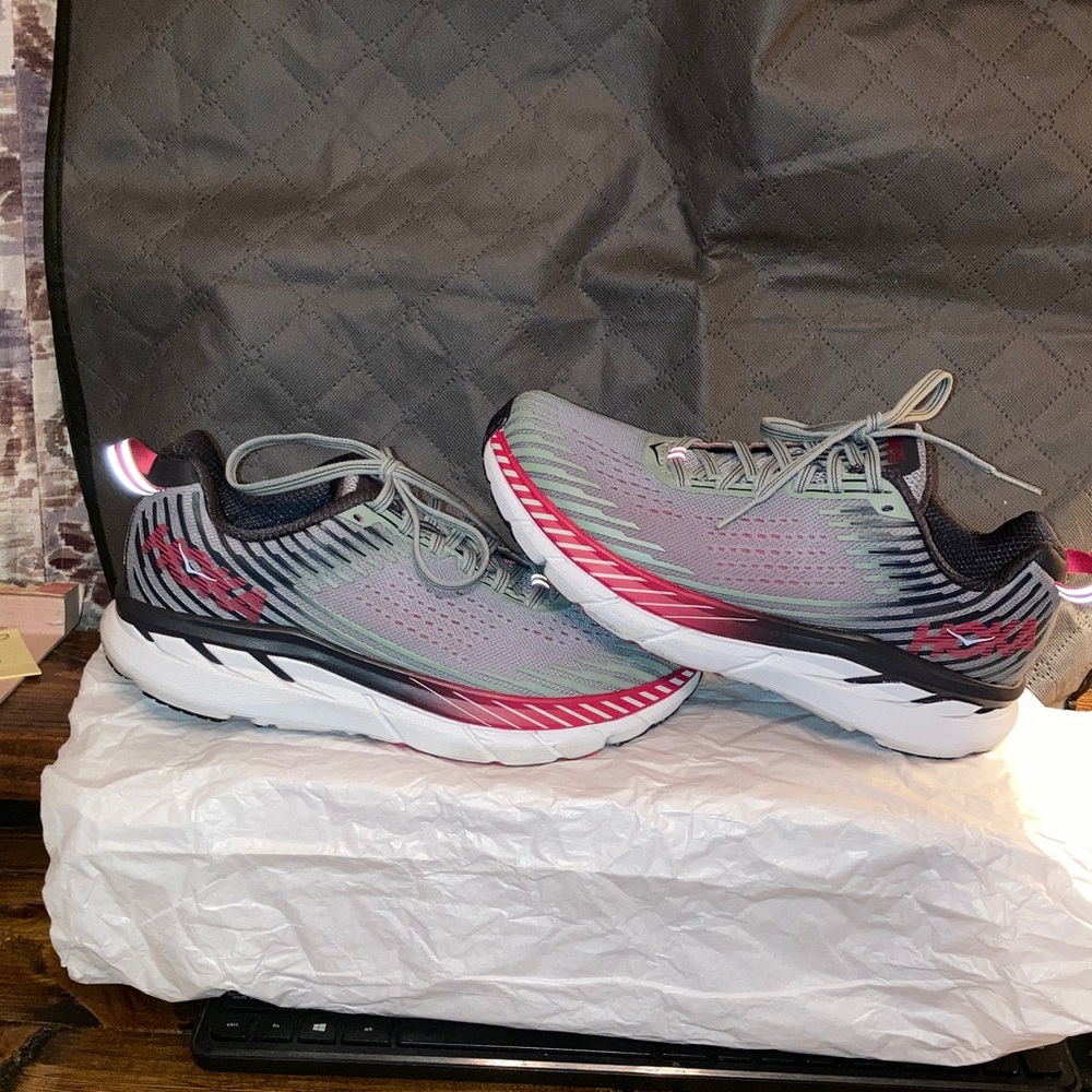 Hoka Gray and Red Athletic Shoes